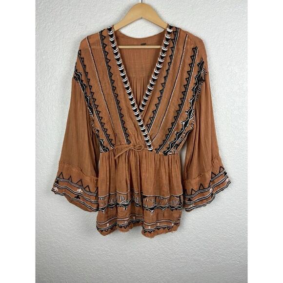 Free People Aztec Print Romper Size XS Brown Boho Festival Hippie Plunge Neck - Picture 4 of 12